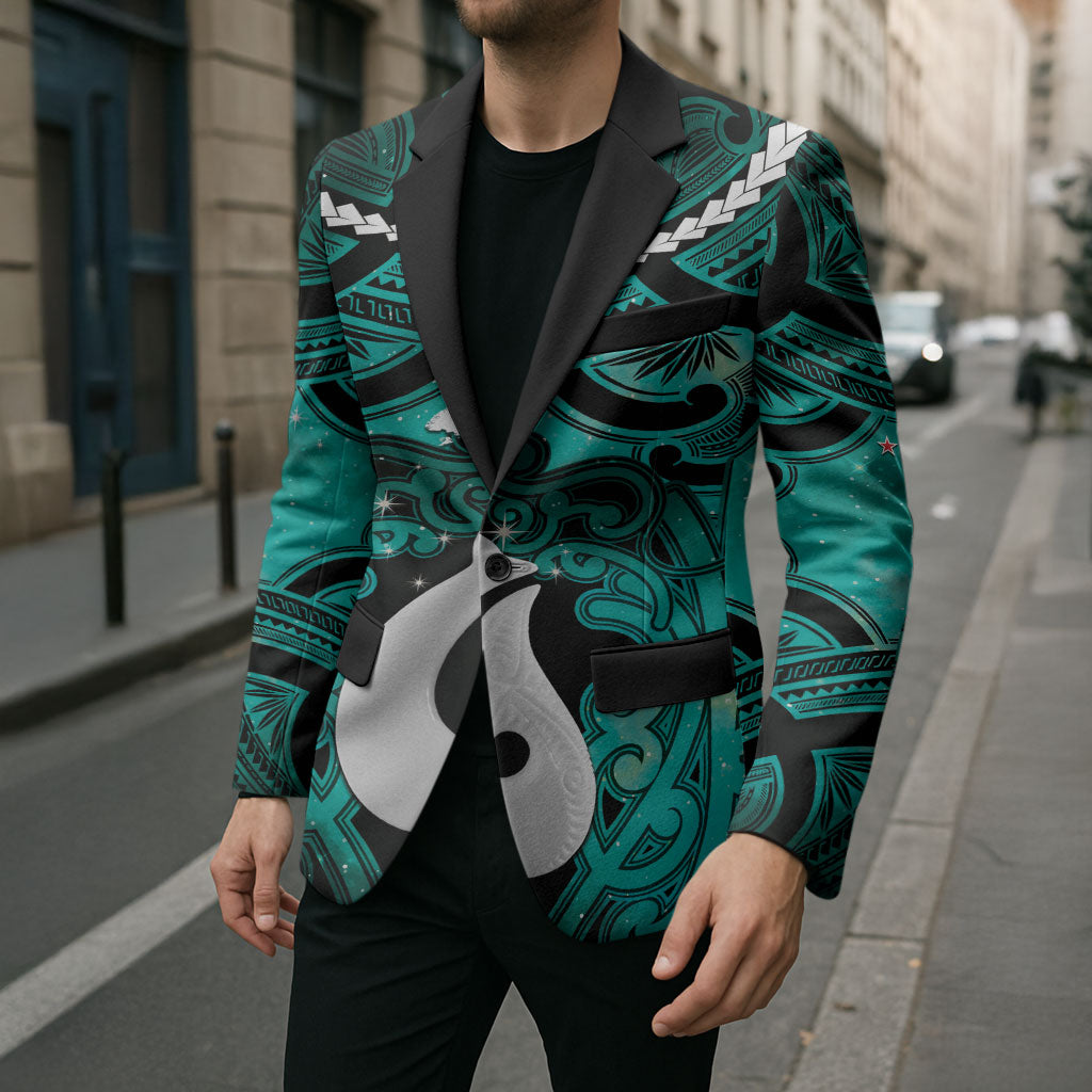 Personalised Maori Matariki Hei Matau Turquoise Blazer Maori Kowhaiwhai Pattern Galaxy