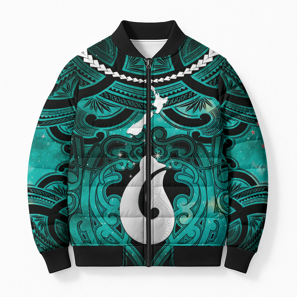 Personalised Maori Matariki Hei Matau Turquoise Bomber Puffer Jacket Maori Kowhaiwhai Pattern Galaxy