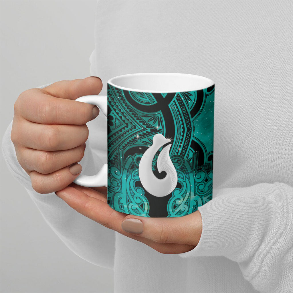 Personalised Maori Matariki Hei Matau Turquoise Ceramic Mug Maori Kowhaiwhai Pattern Galaxy