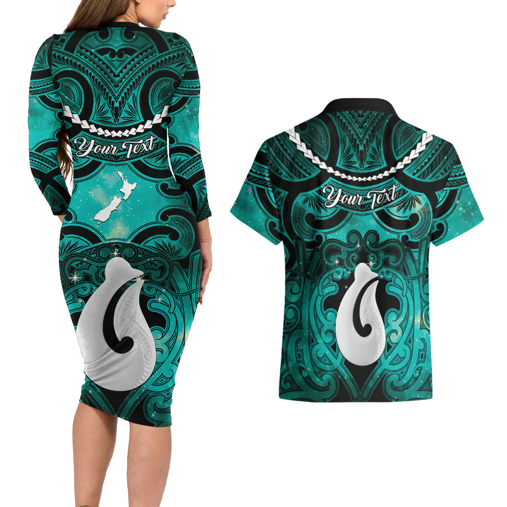 Personalised Maori Matariki Hei Matau Turquoise Couples Matching Long Sleeve Bodycon Dress and Hawaiian Shirt Maori Kowhaiwhai Pattern Galaxy LT01 - Polynesian Pride