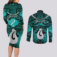 Personalised Maori Matariki Hei Matau Turquoise Couples Matching Long Sleeve Bodycon Dress and Long Sleeve Button Shirt Maori Kowhaiwhai Pattern Galaxy