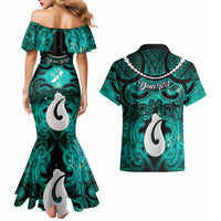 Personalised Maori Matariki Hei Matau Turquoise Couples Matching Mermaid Dress and Hawaiian Shirt Maori Kowhaiwhai Pattern Galaxy LT01 - Polynesian Pride
