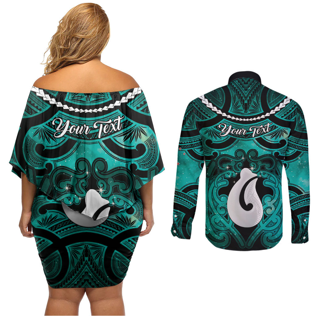 Personalised Maori Matariki Hei Matau Turquoise Couples Matching Off Shoulder Short Dress and Long Sleeve Button Shirt Maori Kowhaiwhai Pattern Galaxy