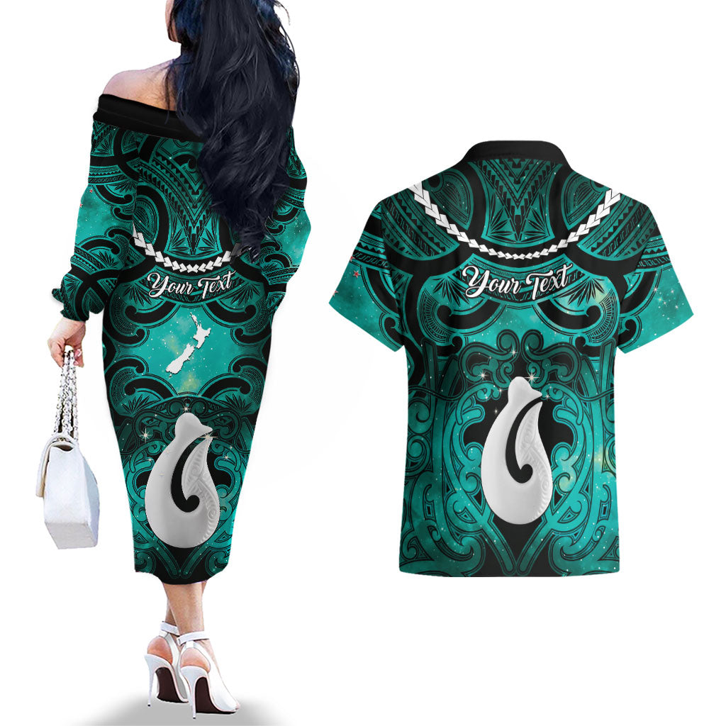 Personalised Maori Matariki Hei Matau Turquoise Couples Matching Off The Shoulder Long Sleeve Dress and Hawaiian Shirt Maori Kowhaiwhai Pattern Galaxy LT01 - Polynesian Pride