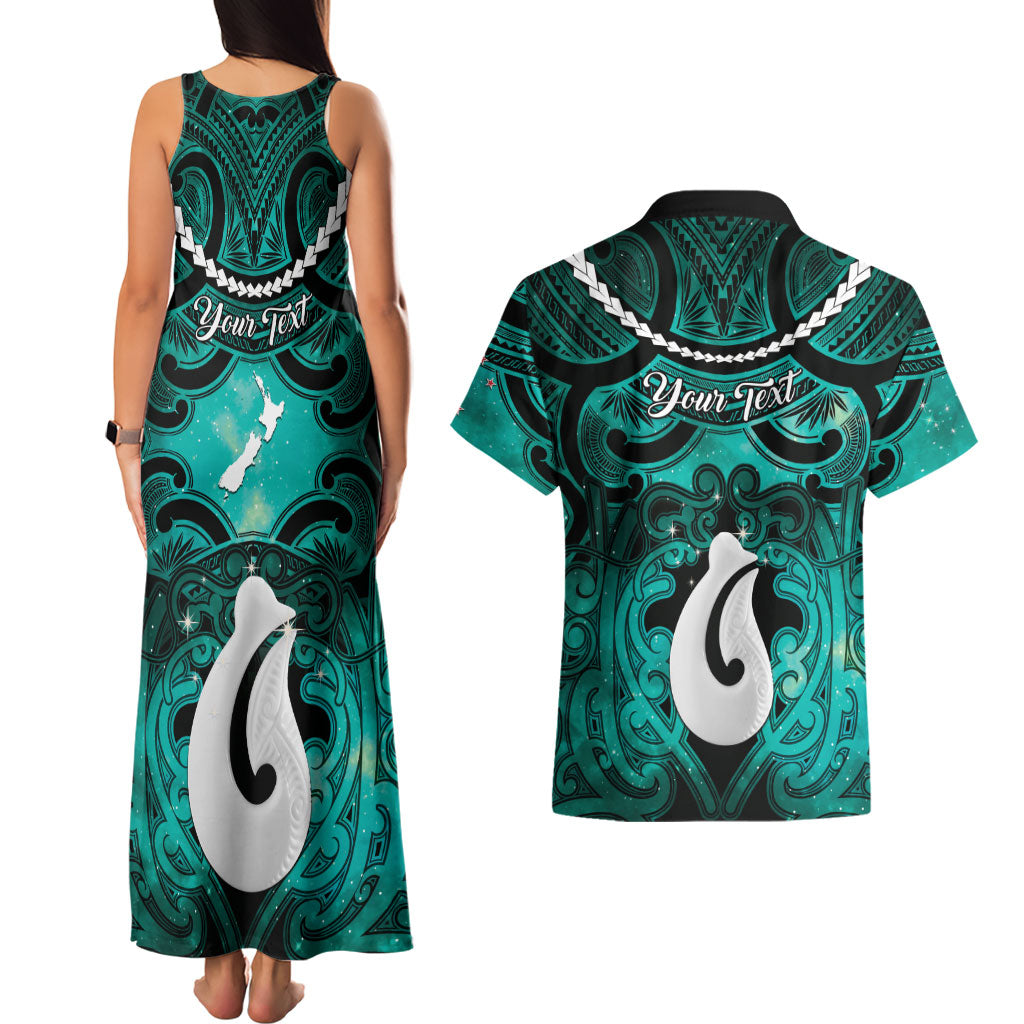 Personalised Maori Matariki Hei Matau Turquoise Couples Matching Tank Maxi Dress and Hawaiian Shirt Maori Kowhaiwhai Pattern Galaxy LT01 - Polynesian Pride