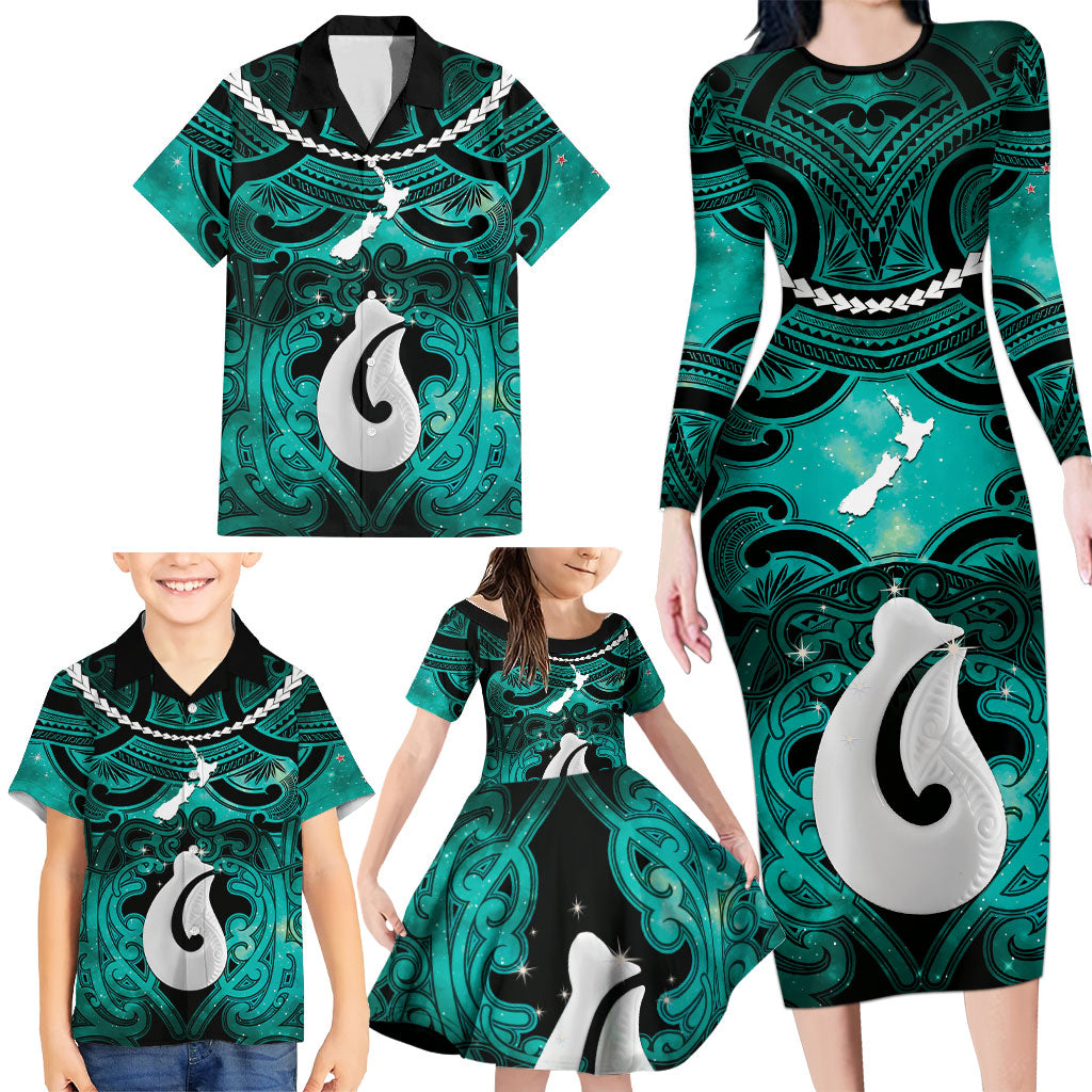 Personalised Maori Matariki Hei Matau Turquoise Family Matching Long Sleeve Bodycon Dress and Hawaiian Shirt Maori Kowhaiwhai Pattern Galaxy
