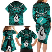 Personalised Maori Matariki Hei Matau Turquoise Family Matching Long Sleeve Bodycon Dress and Hawaiian Shirt Maori Kowhaiwhai Pattern Galaxy LT01 - Polynesian Pride