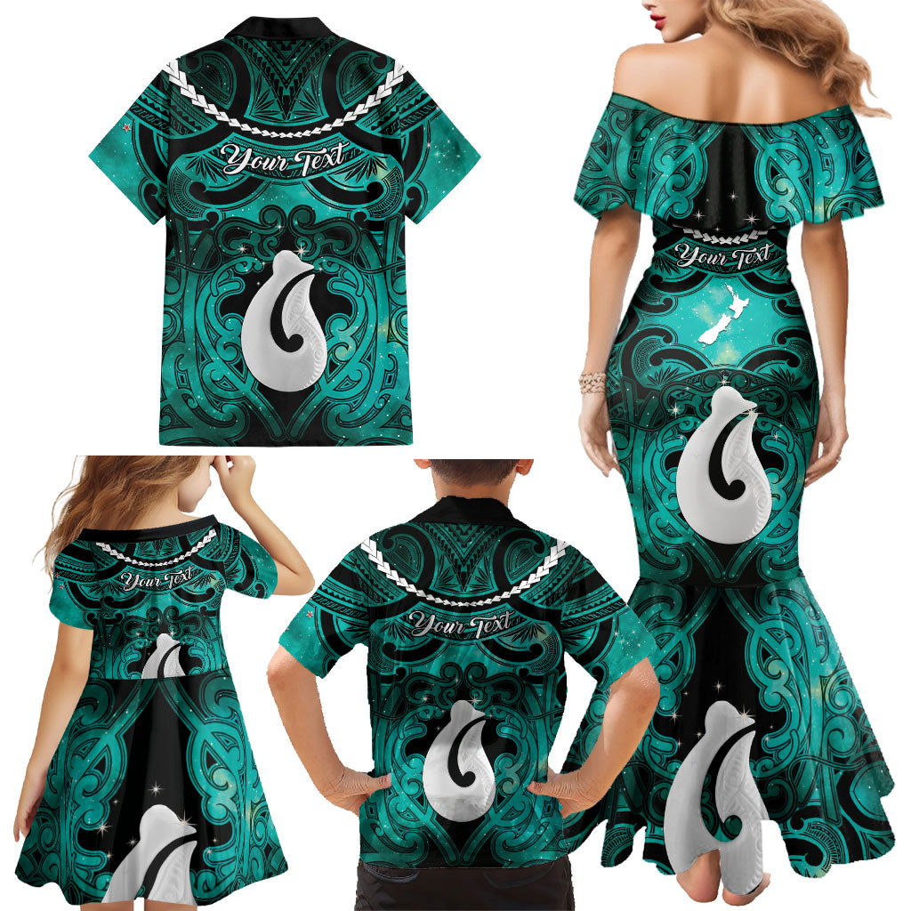 Personalised Maori Matariki Hei Matau Turquoise Family Matching Mermaid Dress and Hawaiian Shirt Maori Kowhaiwhai Pattern Galaxy LT01 - Polynesian Pride
