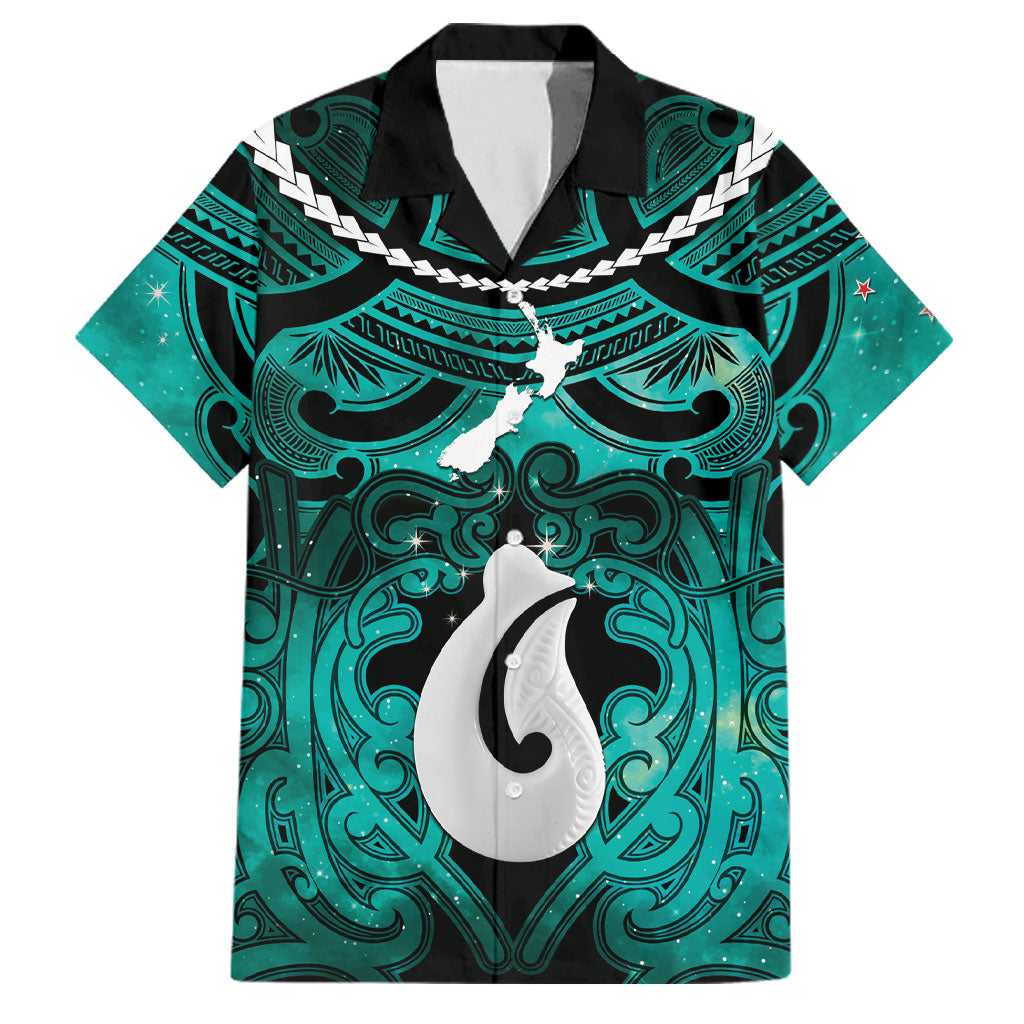 Personalised Maori Matariki Hei Matau Turquoise Family Matching Mermaid Dress and Hawaiian Shirt Maori Kowhaiwhai Pattern Galaxy LT01 Dad's Shirt - Short Sleeve Turquoise - Polynesian Pride