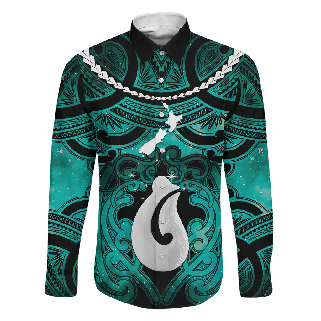 Personalised Maori Matariki Hei Matau Turquoise Family Matching Mermaid Dress and Hawaiian Shirt Maori Kowhaiwhai Pattern Galaxy LT01 Dad's Shirt - Long Sleeve Turquoise - Polynesian Pride