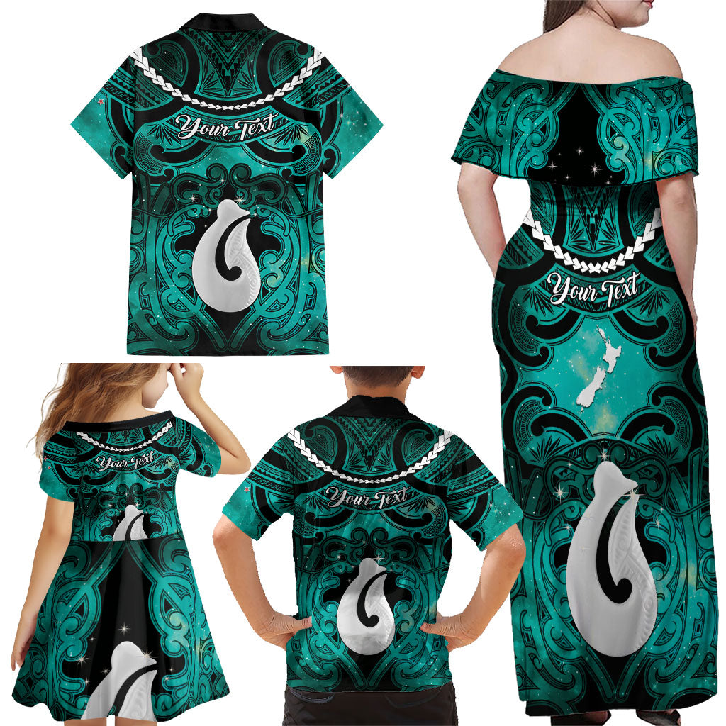 Personalised Maori Matariki Hei Matau Turquoise Family Matching Off Shoulder Maxi Dress and Hawaiian Shirt Maori Kowhaiwhai Pattern Galaxy LT01 - Polynesian Pride