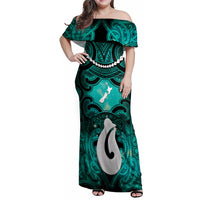 Personalised Maori Matariki Hei Matau Turquoise Family Matching Off Shoulder Maxi Dress and Hawaiian Shirt Maori Kowhaiwhai Pattern Galaxy LT01 Mom's Dress Turquoise - Polynesian Pride