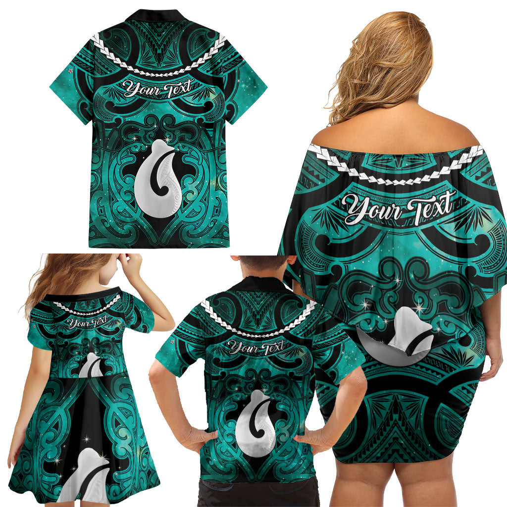 Personalised Maori Matariki Hei Matau Turquoise Family Matching Off Shoulder Short Dress and Hawaiian Shirt Maori Kowhaiwhai Pattern Galaxy LT01 - Polynesian Pride