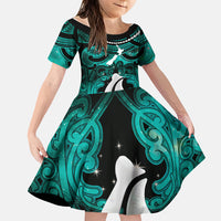 Personalised Maori Matariki Hei Matau Turquoise Family Matching Summer Maxi Dress and Hawaiian Shirt Maori Kowhaiwhai Pattern Galaxy LT01 Daughter's Dress Turquoise - Polynesian Pride