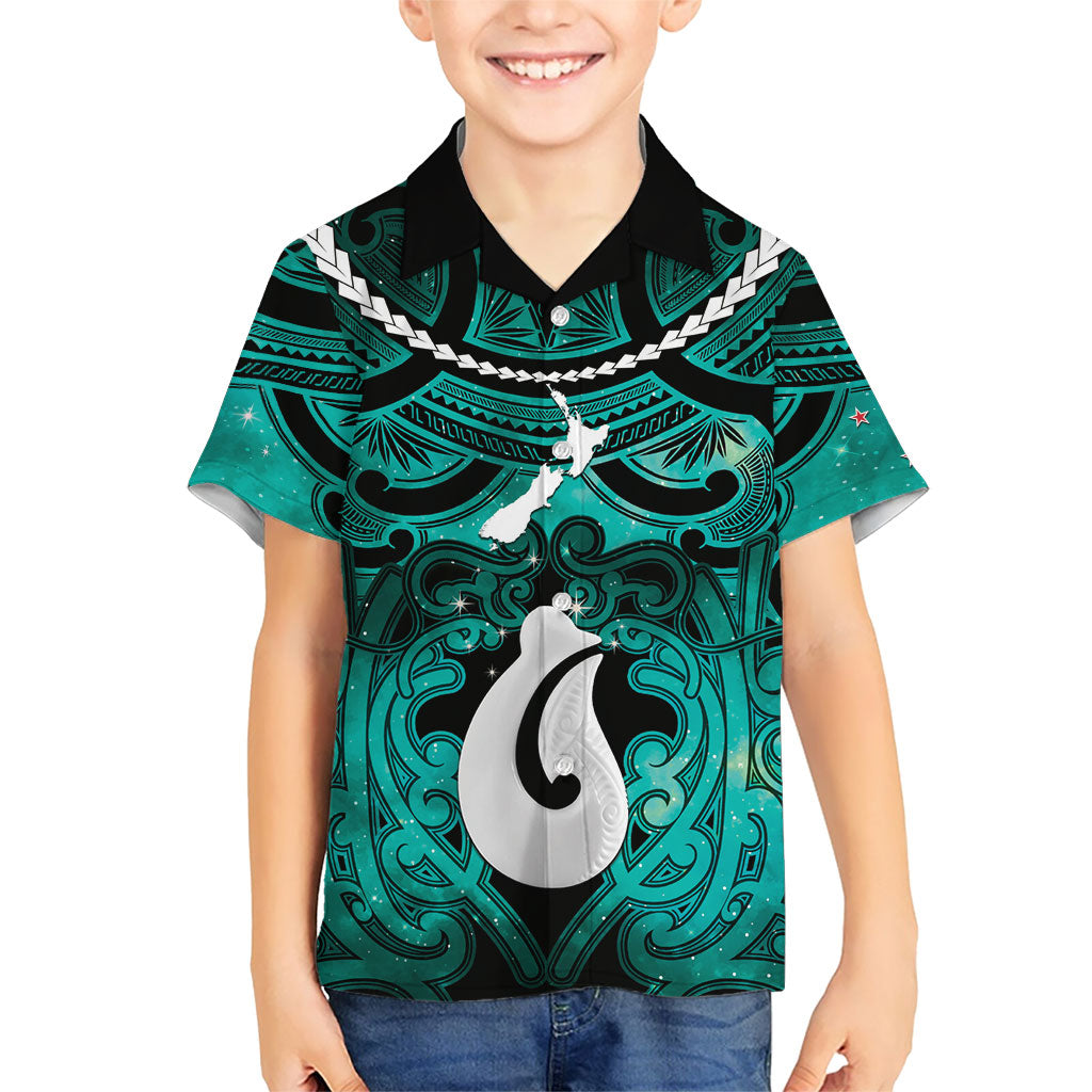 Personalised Maori Matariki Hei Matau Turquoise Family Matching Tank Maxi Dress and Hawaiian Shirt Maori Kowhaiwhai Pattern Galaxy LT01 Son's Shirt Turquoise - Polynesian Pride