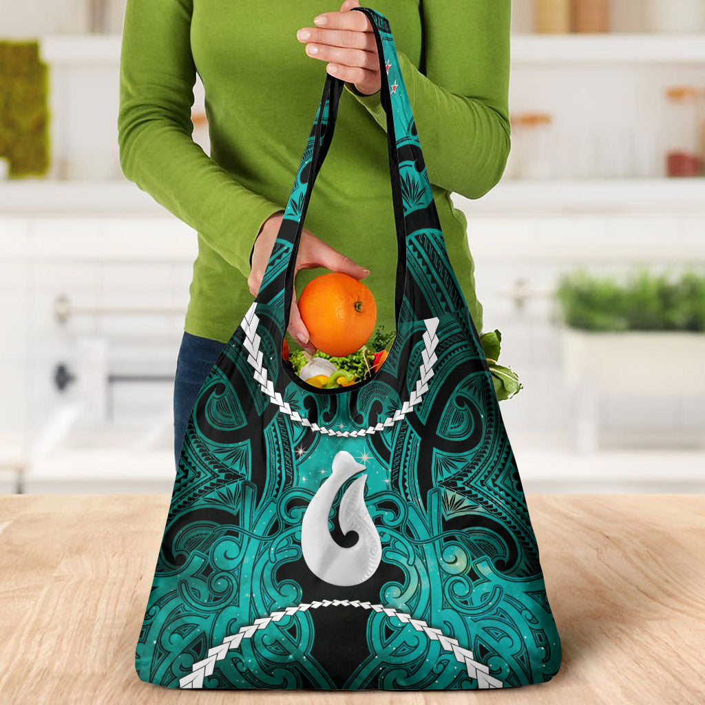 Maori Matariki Hei Matau Turquoise Grocery Bag Maori Kowhaiwhai Pattern Galaxy
