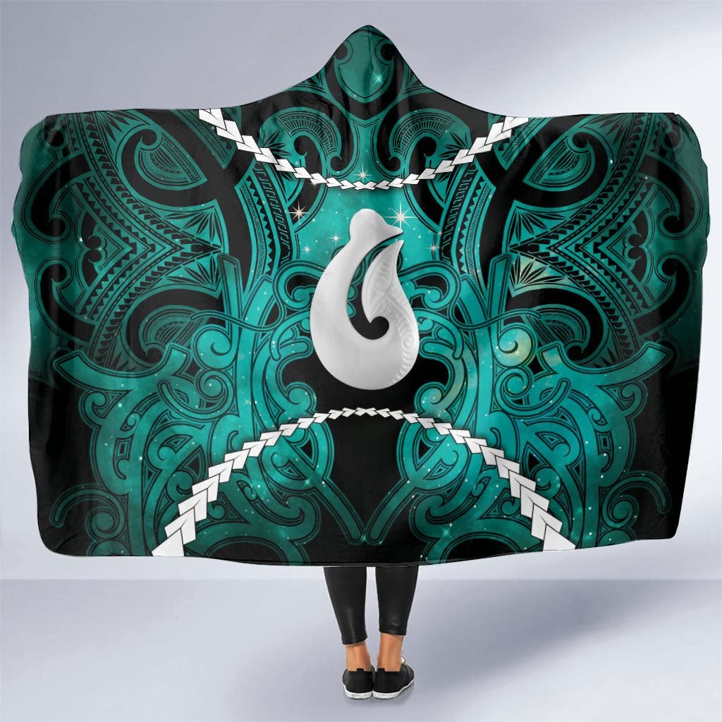 Maori Matariki Hei Matau Turquoise Hooded Blanket Maori Kowhaiwhai Pattern Galaxy