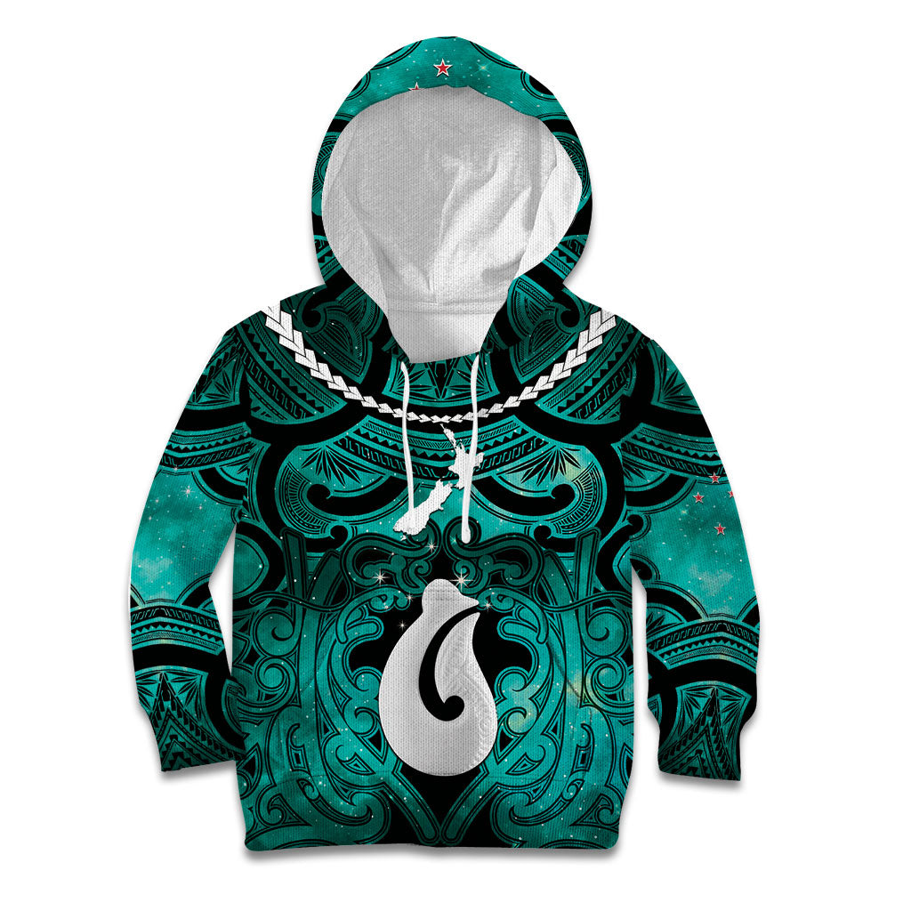 Personalised Maori Matariki Hei Matau Turquoise Kid Hoodie Maori Kowhaiwhai Pattern Galaxy
