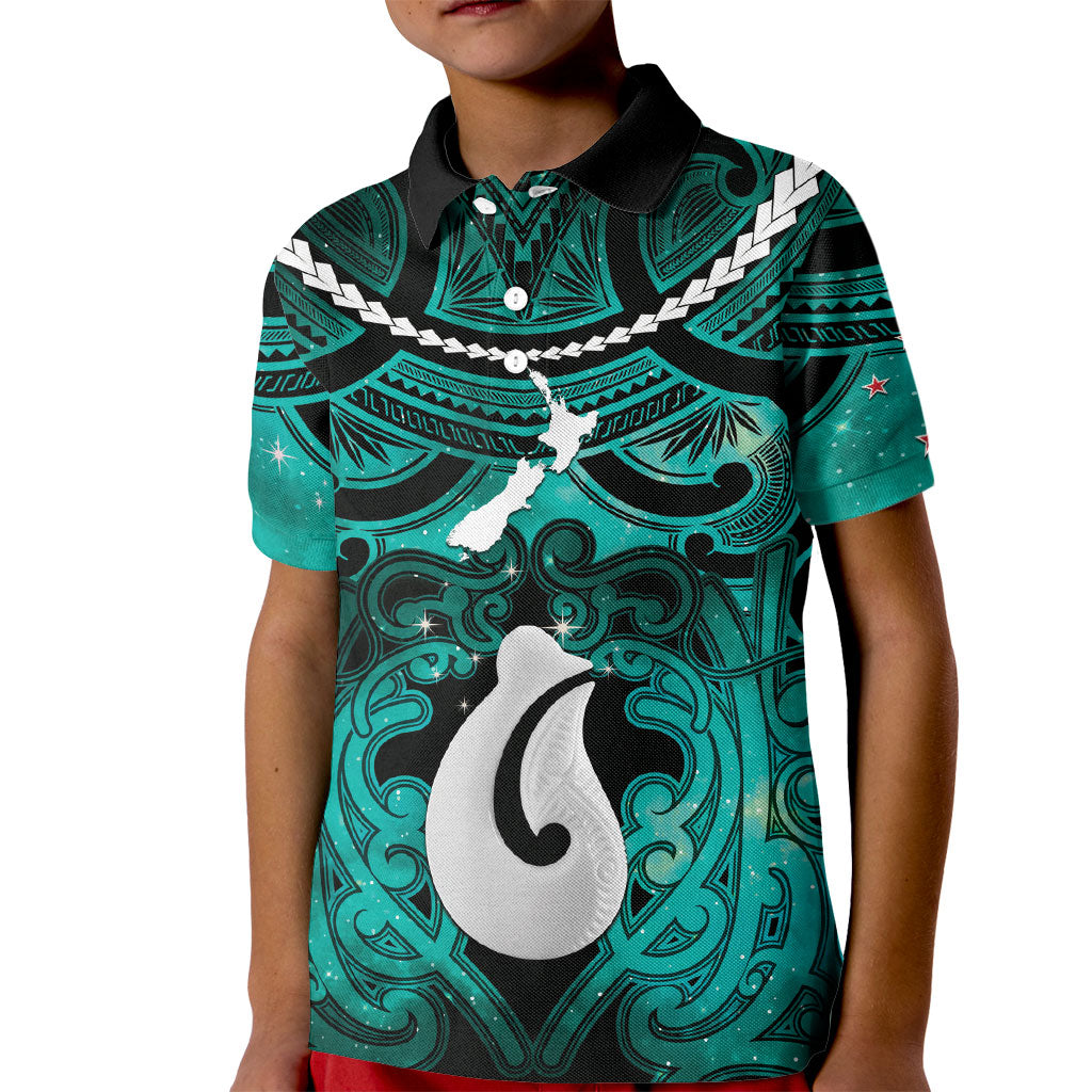 Personalised Maori Matariki Hei Matau Turquoise Kid Polo Shirt Maori Kowhaiwhai Pattern Galaxy