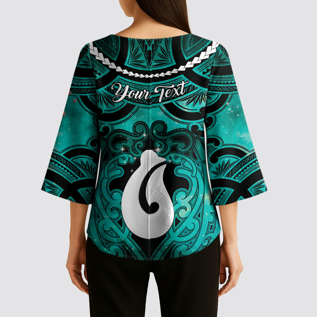 Personalised Maori Matariki Hei Matau Turquoise Kimono Sleeve Blouse Maori Kowhaiwhai Pattern Galaxy