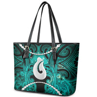 Maori Matariki Hei Matau Turquoise Leather Tote Bag Maori Kowhaiwhai Pattern Galaxy