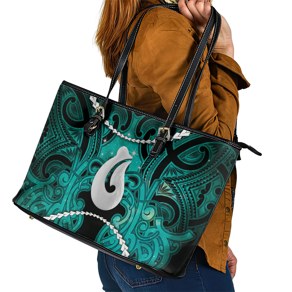Maori Matariki Hei Matau Turquoise Leather Tote Bag Maori Kowhaiwhai Pattern Galaxy