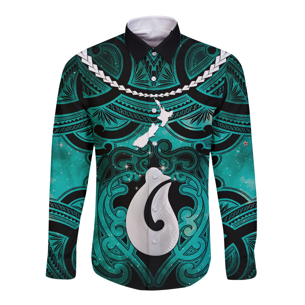 Personalised Maori Matariki Hei Matau Turquoise Long Sleeve Button Shirt Maori Kowhaiwhai Pattern Galaxy