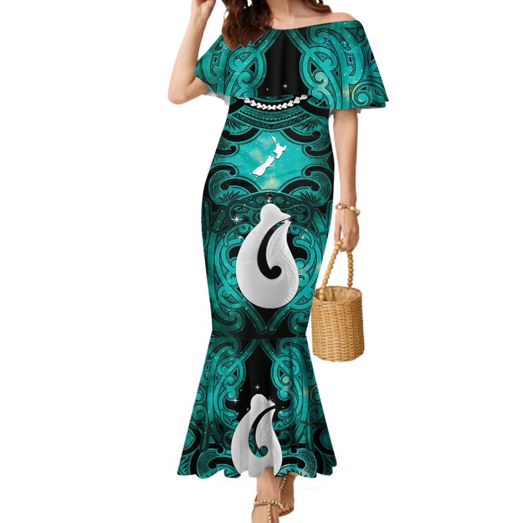 Personalised Maori Matariki Hei Matau Turquoise Mermaid Dress Maori Kowhaiwhai Pattern Galaxy