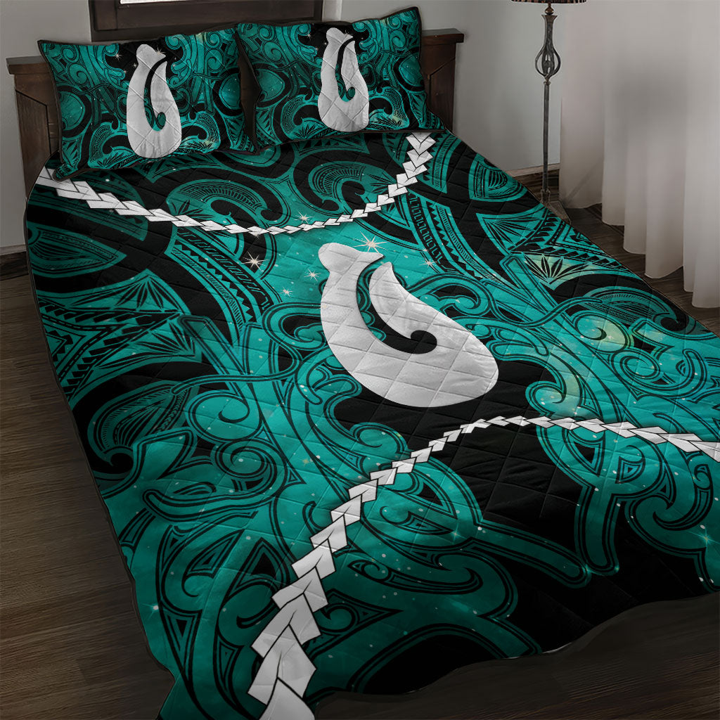 Maori Matariki Hei Matau Turquoise Quilt Bed Set Maori Kowhaiwhai Pattern Galaxy