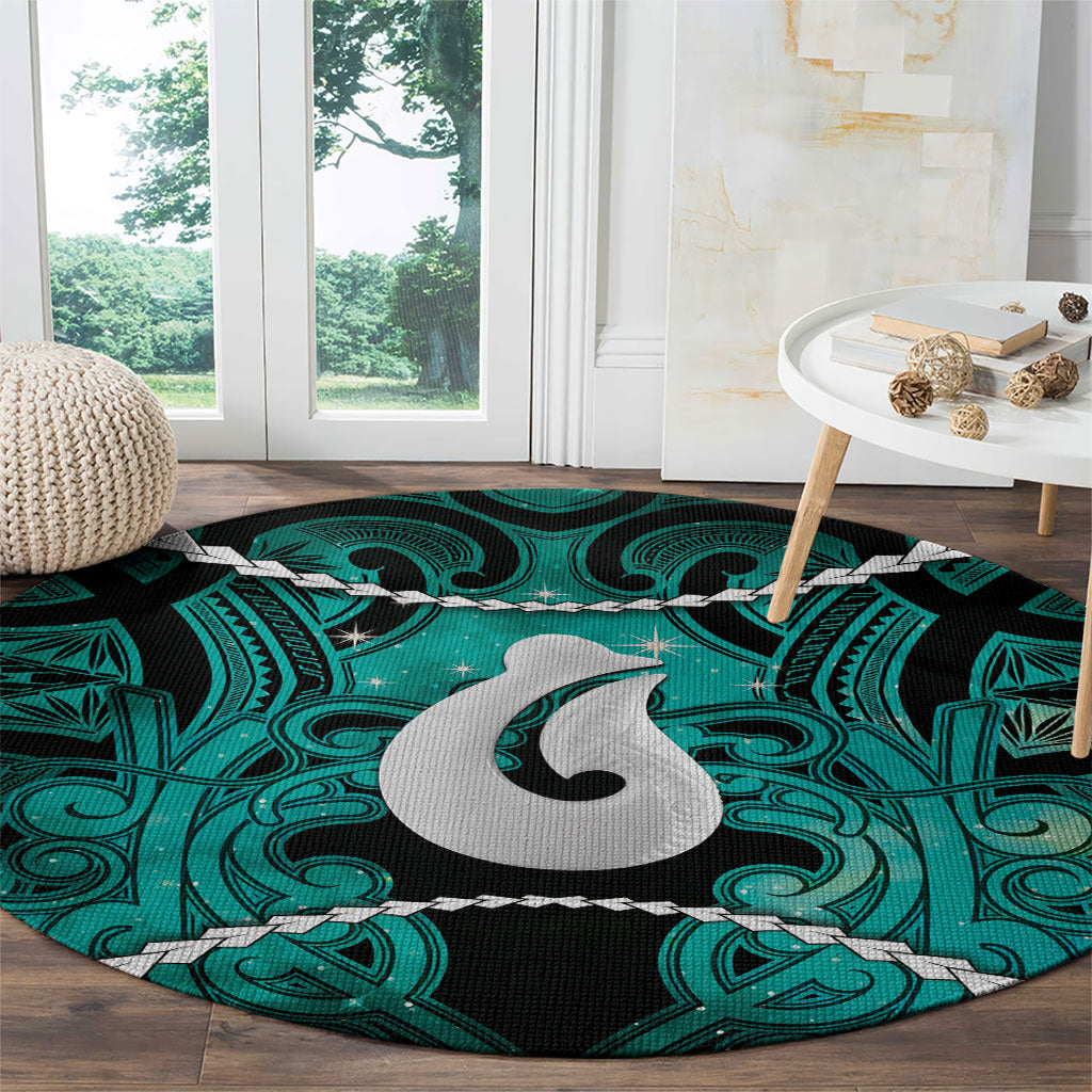 Maori Matariki Hei Matau Turquoise Round Carpet Maori Kowhaiwhai Pattern Galaxy