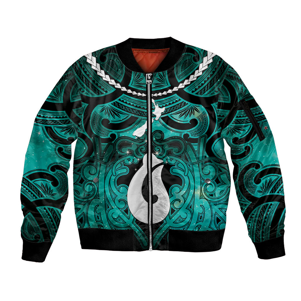 Personalised Maori Matariki Hei Matau Turquoise Sleeve Zip Bomber Jacket Maori Kowhaiwhai Pattern Galaxy