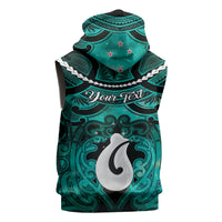 Personalised Maori Matariki Hei Matau Turquoise Sleeveless Hoodie Maori Kowhaiwhai Pattern Galaxy