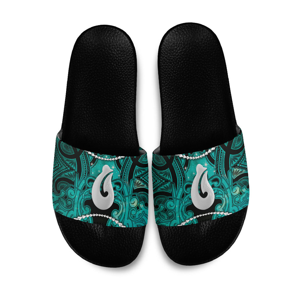 Maori Matariki Hei Matau Turquoise Slide Sandals Maori Kowhaiwhai Pattern Galaxy