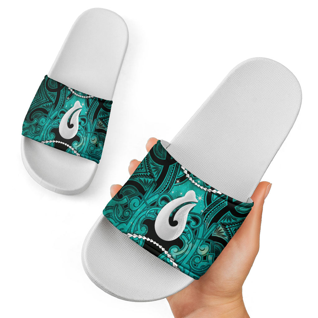 Maori Matariki Hei Matau Turquoise Slide Sandals Maori Kowhaiwhai Pattern Galaxy