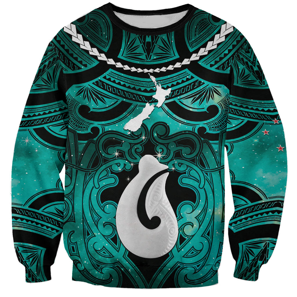 Personalised Maori Matariki Hei Matau Turquoise Sweatshirt Maori Kowhaiwhai Pattern Galaxy