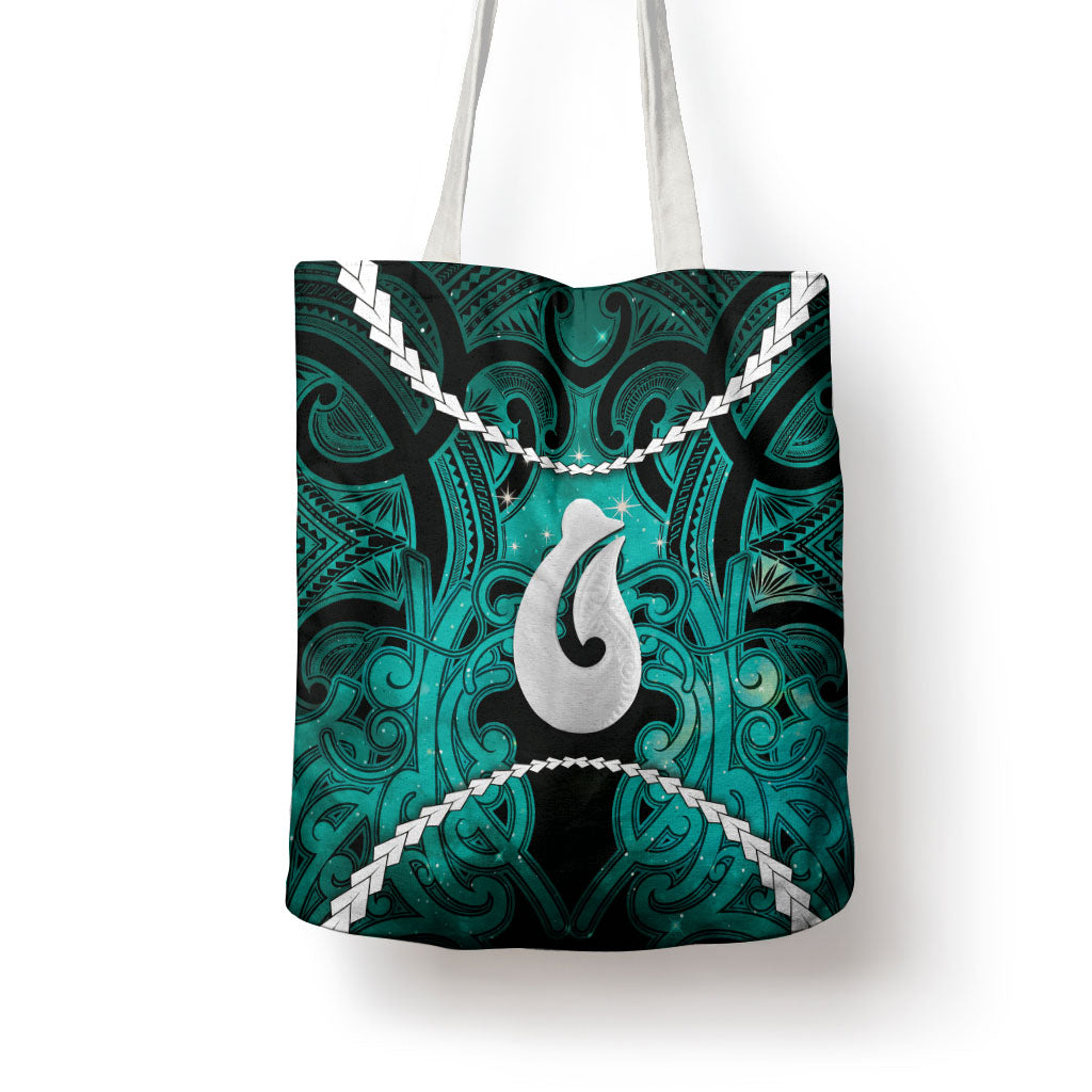 Maori Matariki Hei Matau Turquoise Tote Bag Maori Kowhaiwhai Pattern Galaxy
