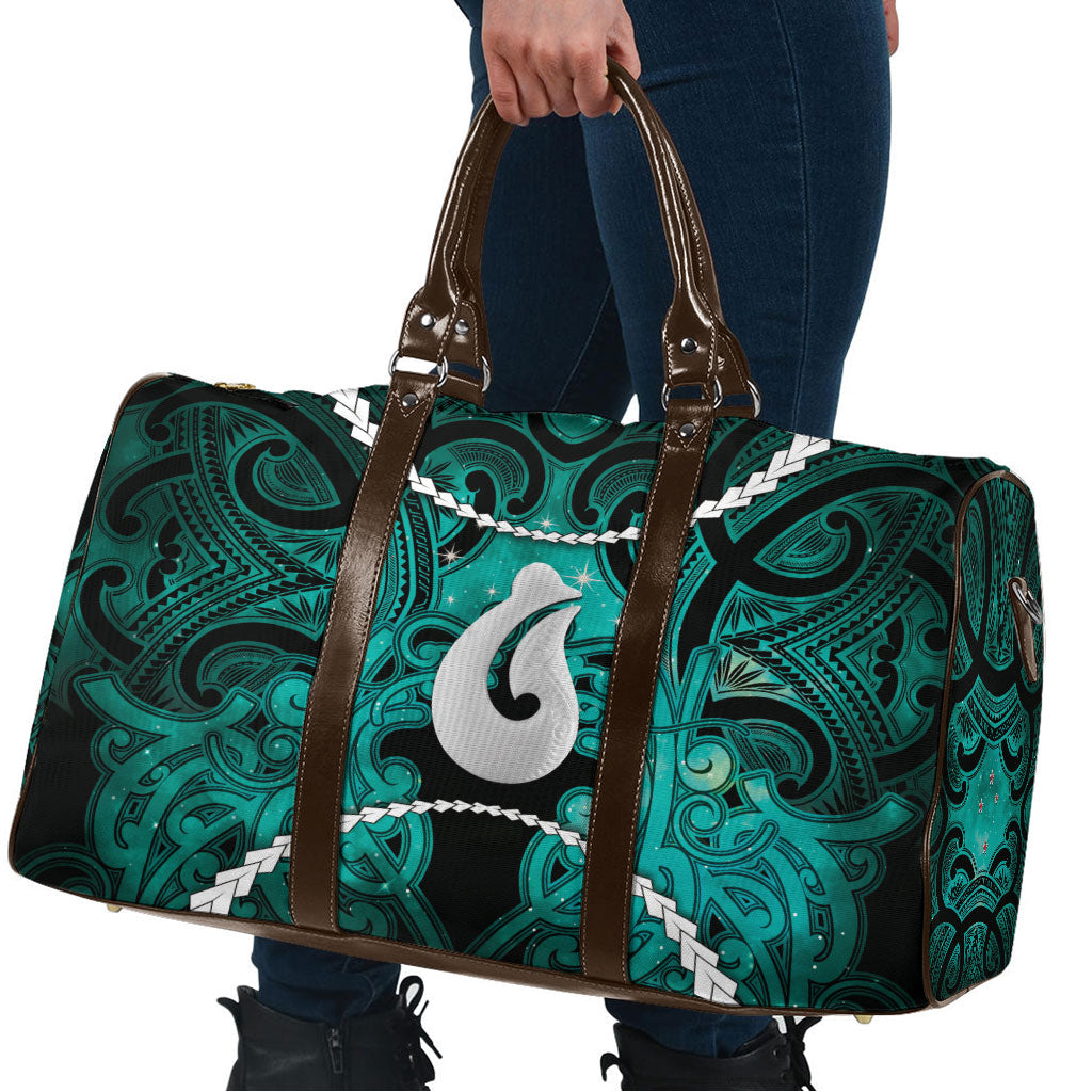 Maori Matariki Hei Matau Turquoise Travel Bag Maori Kowhaiwhai Pattern Galaxy