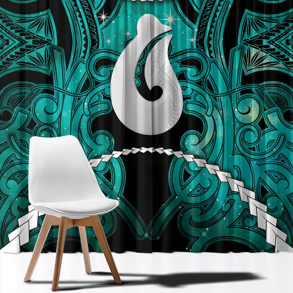 Maori Matariki Hei Matau Turquoise Window Curtain Maori Kowhaiwhai Pattern Galaxy