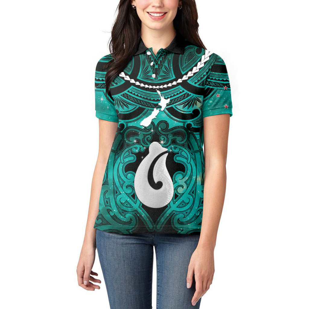 Personalised Maori Matariki Hei Matau Turquoise Women Polo Shirt Maori Kowhaiwhai Pattern Galaxy