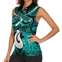 Personalised Maori Matariki Hei Matau Turquoise Women Sleeveless Polo Shirt Maori Kowhaiwhai Pattern Galaxy