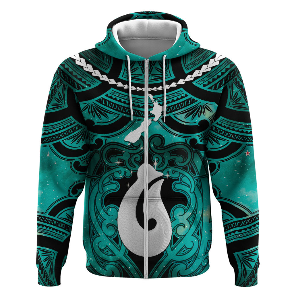 Personalised Maori Matariki Hei Matau Turquoise Zip Hoodie Maori Kowhaiwhai Pattern Galaxy