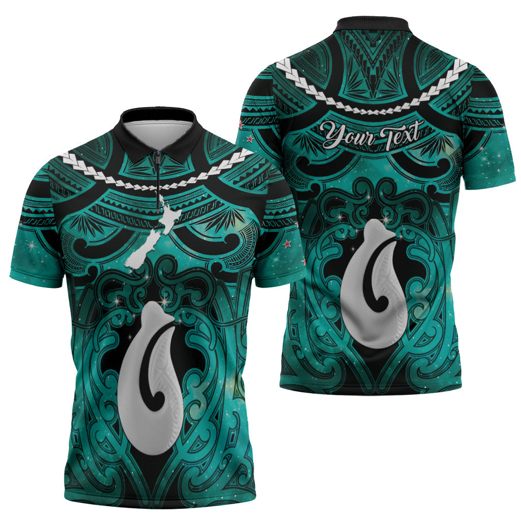 Personalised Maori Matariki Hei Matau Turquoise Zipper Polo Shirt Maori Kowhaiwhai Pattern Galaxy