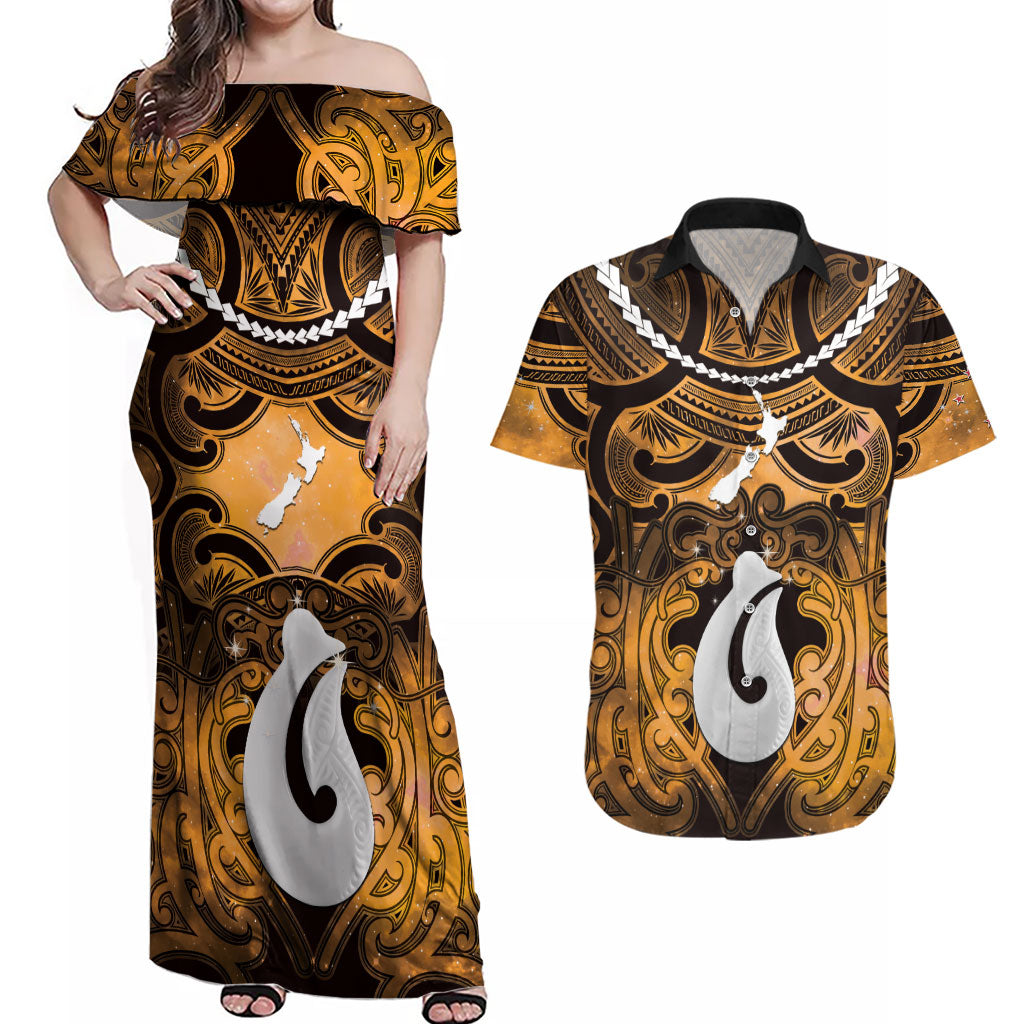 Personalised Maori Matariki Hei Matau Kowhai Couples Matching Off Shoulder Maxi Dress and Hawaiian Shirt Maori Kowhaiwhai Pattern Galaxy LT01 Yellow - Polynesian Pride