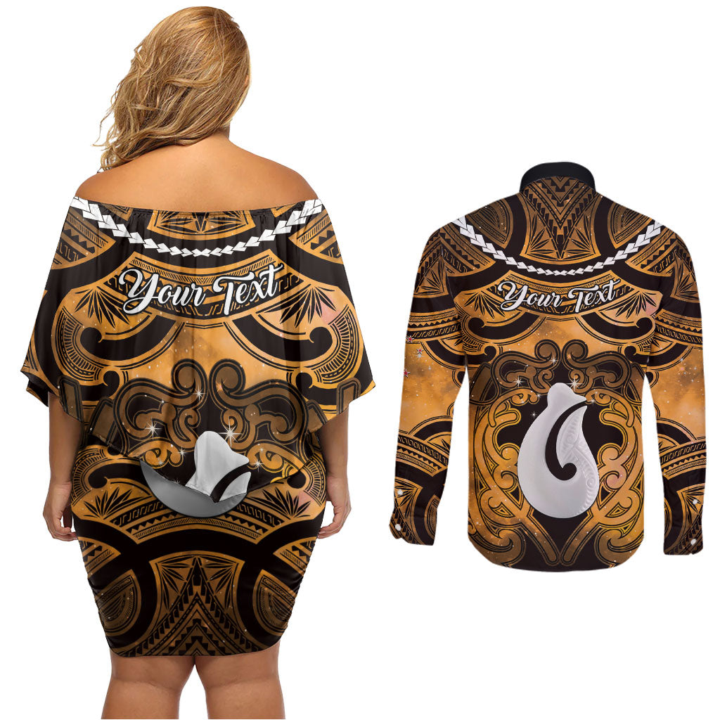 Personalised Maori Matariki Hei Matau Kowhai Couples Matching Off Shoulder Short Dress and Long Sleeve Button Shirt Maori Kowhaiwhai Pattern Galaxy