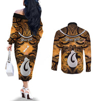 Personalised Maori Matariki Hei Matau Kowhai Couples Matching Off The Shoulder Long Sleeve Dress and Long Sleeve Button Shirt Maori Kowhaiwhai Pattern Galaxy LT01 - Polynesian Pride
