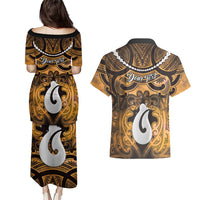 Personalised Maori Matariki Hei Matau Kowhai Couples Matching Puletasi and Hawaiian Shirt Maori Kowhaiwhai Pattern Galaxy