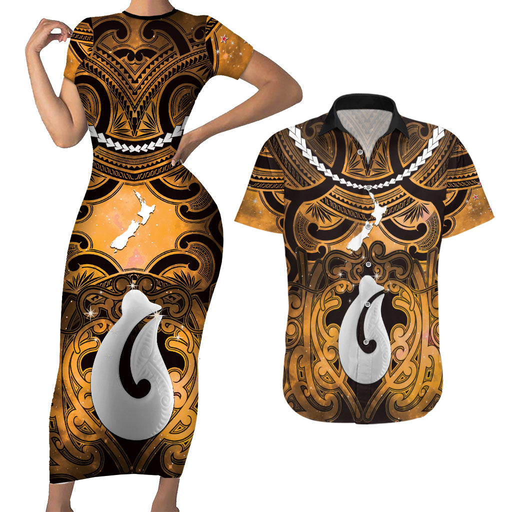 Personalised Maori Matariki Hei Matau Kowhai Couples Matching Short Sleeve Bodycon Dress and Hawaiian Shirt Maori Kowhaiwhai Pattern Galaxy LT01 Yellow - Polynesian Pride