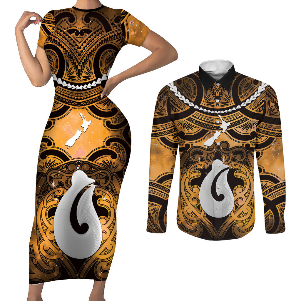 Personalised Maori Matariki Hei Matau Kowhai Couples Matching Short Sleeve Bodycon Dress and Long Sleeve Button Shirt Maori Kowhaiwhai Pattern Galaxy LT01 Yellow - Polynesian Pride