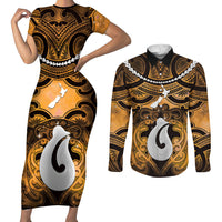 Personalised Maori Matariki Hei Matau Kowhai Couples Matching Short Sleeve Bodycon Dress and Long Sleeve Button Shirt Maori Kowhaiwhai Pattern Galaxy LT01 Yellow - Polynesian Pride