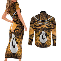 Personalised Maori Matariki Hei Matau Kowhai Couples Matching Short Sleeve Bodycon Dress and Long Sleeve Button Shirt Maori Kowhaiwhai Pattern Galaxy LT01 - Polynesian Pride